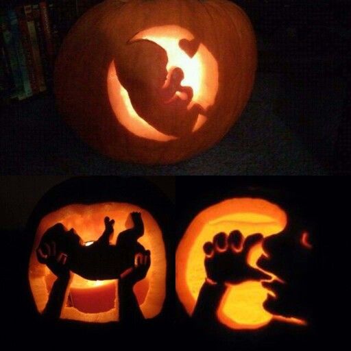 two pumpkins with carved images of people and animals on them