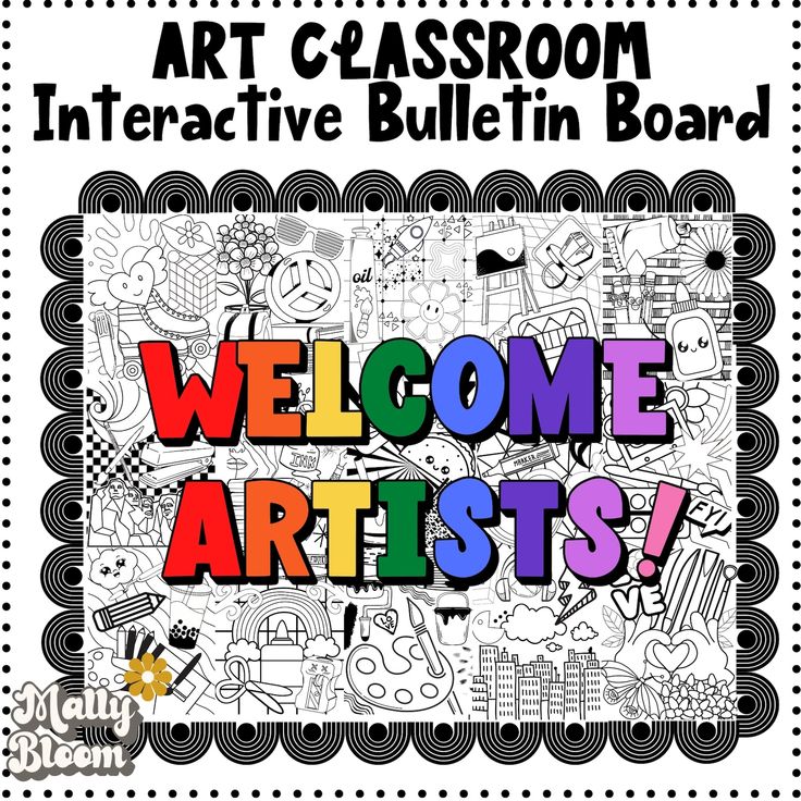 the welcome sign for an art class with words in black and white, on top of it