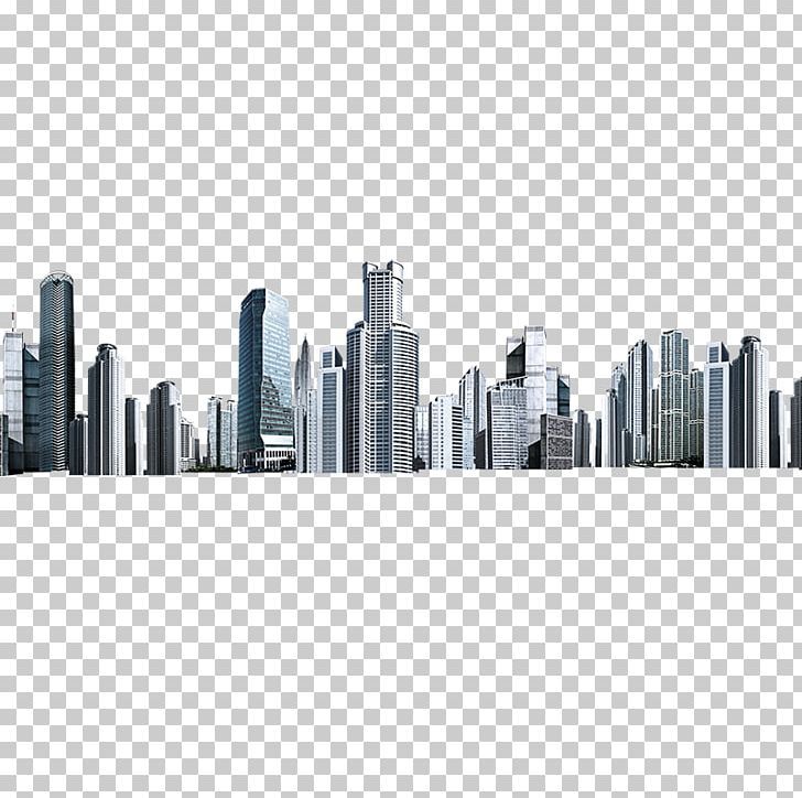 a city skyline with skyscrapers and buildings in the foreground, on a transparent background