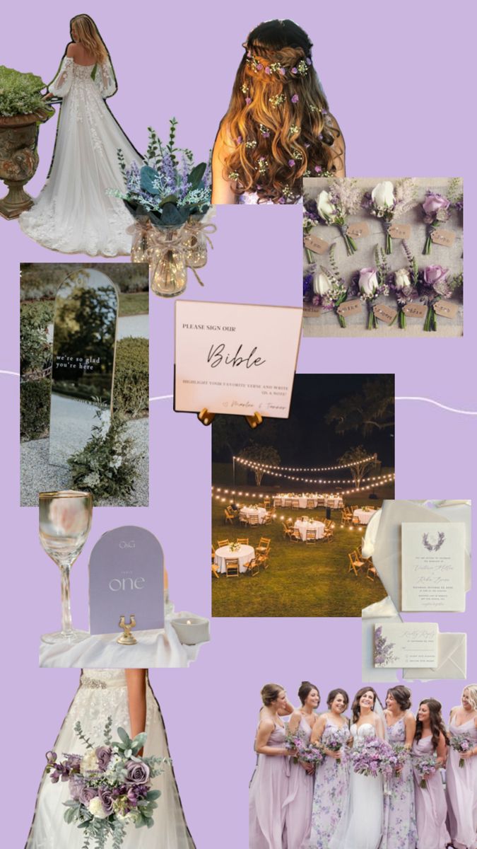 a collage of wedding photos and bridesmaid's gowns on purple background