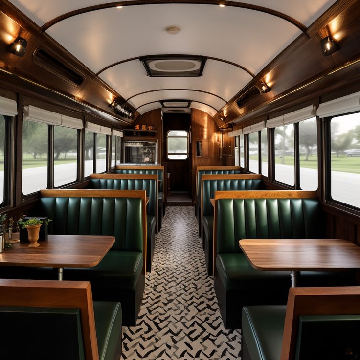 the interior of a train car with green leather seats and wood tables on each side