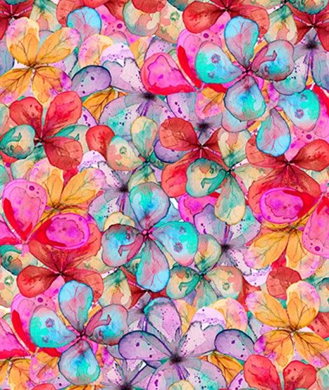 colorful flowers and leaves are arranged in an abstract pattern on a pink background with blue, red