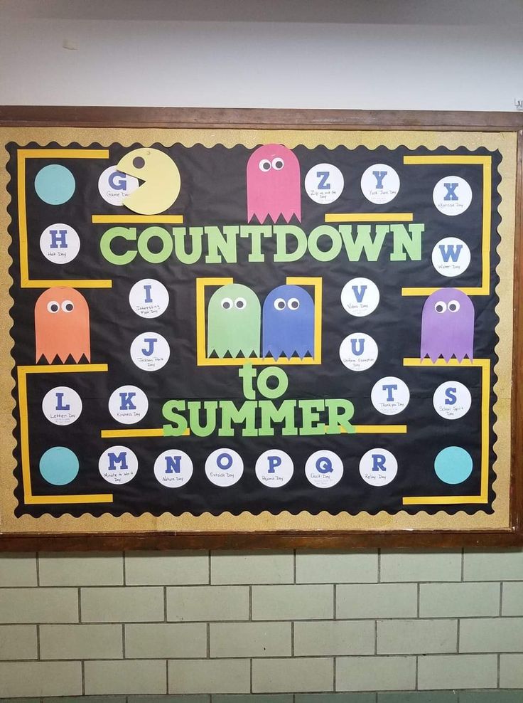 Pac-Man bulletin board End Of Summer Bulletin Board Ideas, Year End Bulletin Board Ideas, Last Month Of School Bulletin Board, End Of School Year Bulletin Board Ideas, End Of The School Year Bulletin Boards, End Of School Bulletin Board Ideas, End Of School Bulletin Boards, Elementary Bulletin Board Ideas Hallways, High School Graduation Bulletin Board Ideas