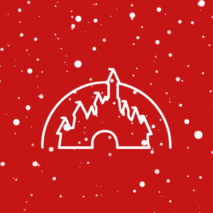 a red background with snow falling and a white outline of a church on top of it