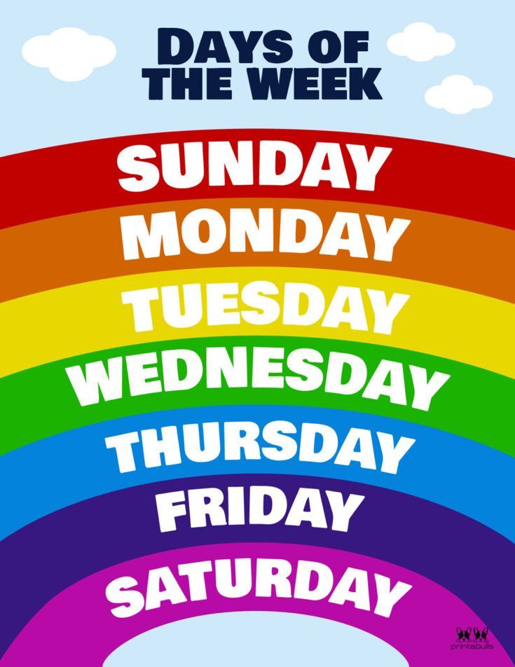 the days of the week poster with rainbows and clouds in blue, green, yellow, pink, orange, purple