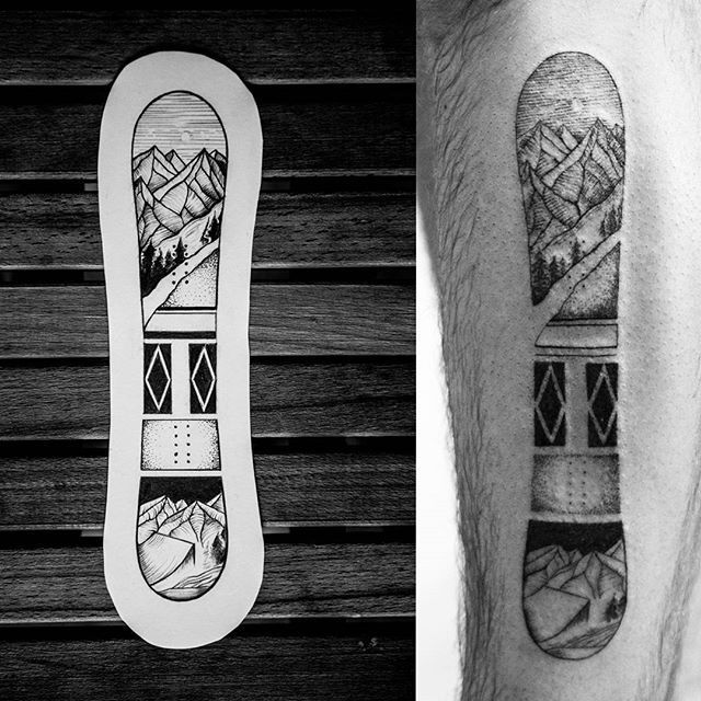 two different views of a snowboard tattoo on the left arm