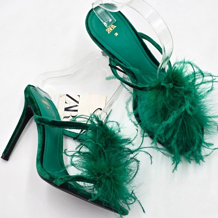 Zara Stiletto Sandals / Slides Beautiful, Emerald Green Velvet Feather Vamp Accent Leather Insoles Airfit Flexible Technical Sole Made Of Latex Foam Designed To Offer Increased Comfort Open, Rounded, Almond Toe 4”H, Velvet-Wrapped, Stiletto Heel Size Per Zara Tag: Eu 38 / Us 7.5 Carrie Bradshaw-Like Excellent Condition Nwt (No Box) (See Photos) Review Photos, Read Description, Ask Questions Before Purchasing. Item Same As Pictured To Document As Accurately As Possible (Last Photos = Stock). Zara Pumps, Black And Silver Heels, Feather Shoes, Emerald Green Velvet, Denim Heels, Strappy Leather Sandals, Zara Heels, Pointy Toe Heels, Beautiful Heels