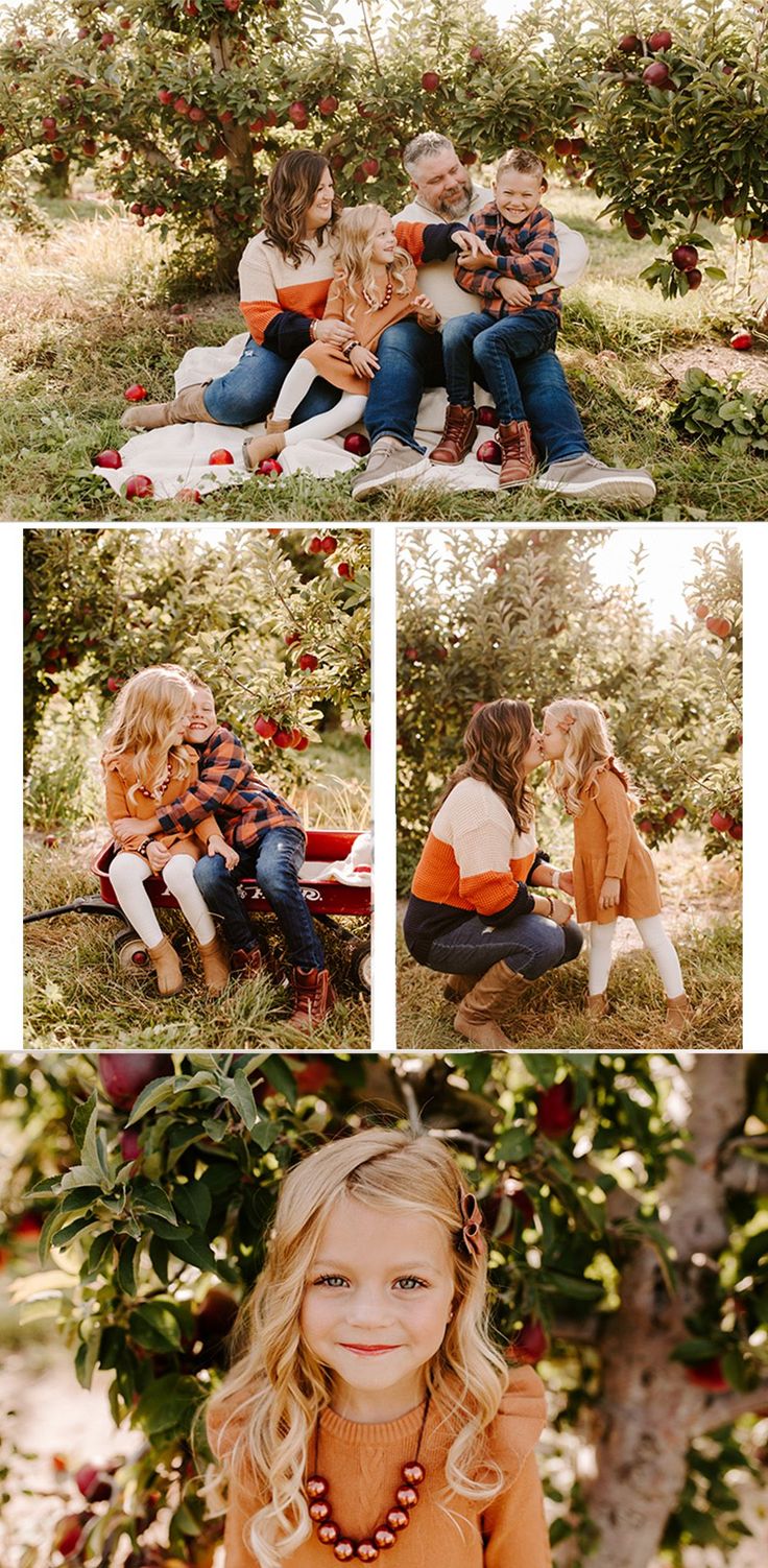 Fall Farm Photoshoot Family, Apple Tree Family Photos, Apple Farm Photoshoot Family, Fall Family Photos Mini Sessions, Family Apple Picking Outfits, Picking Apples Outfit, Fall Mini Session Poses, Apple Orchard Family Pictures Outfits, Fall Minis Photography Family