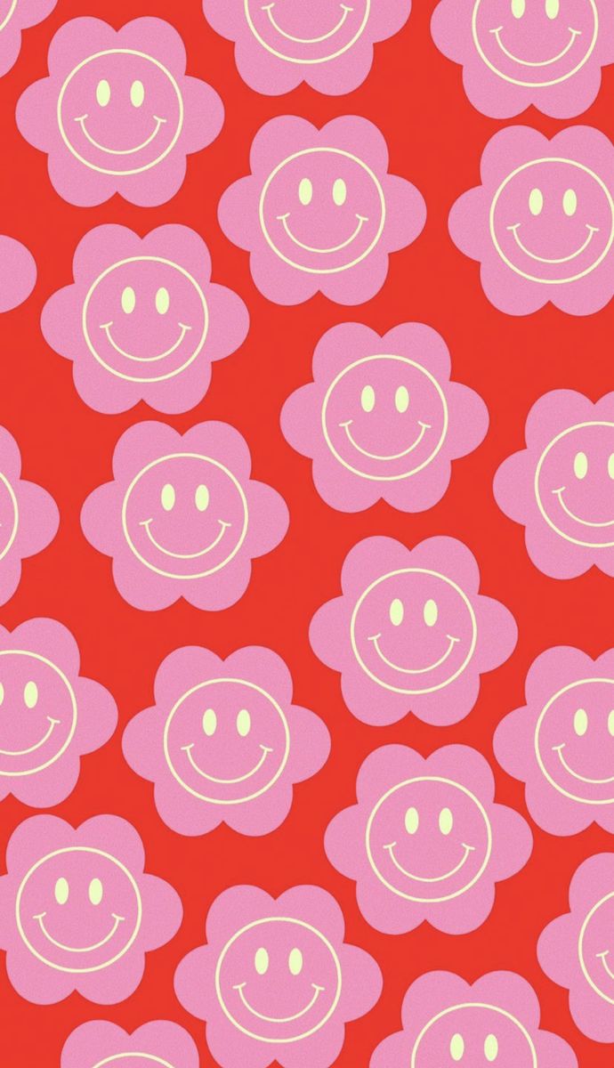 a red background with pink flowers and smiley faces on it's sides, as well as white lines in the middle