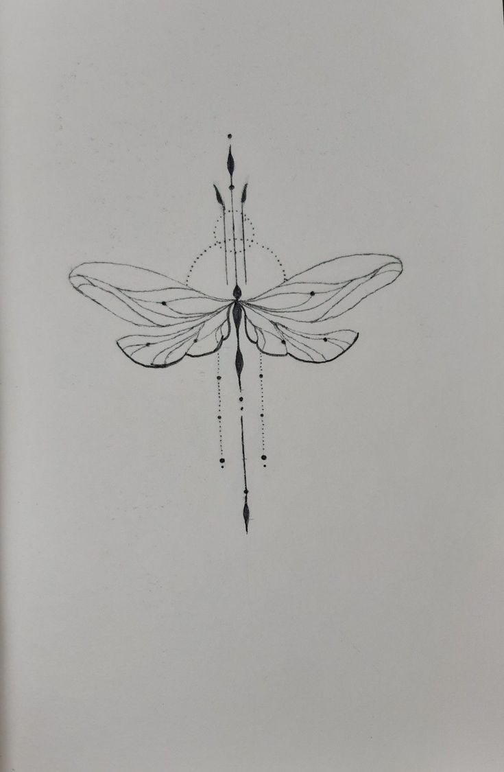 a black and white drawing of a dragonfly with arrows on it's wings