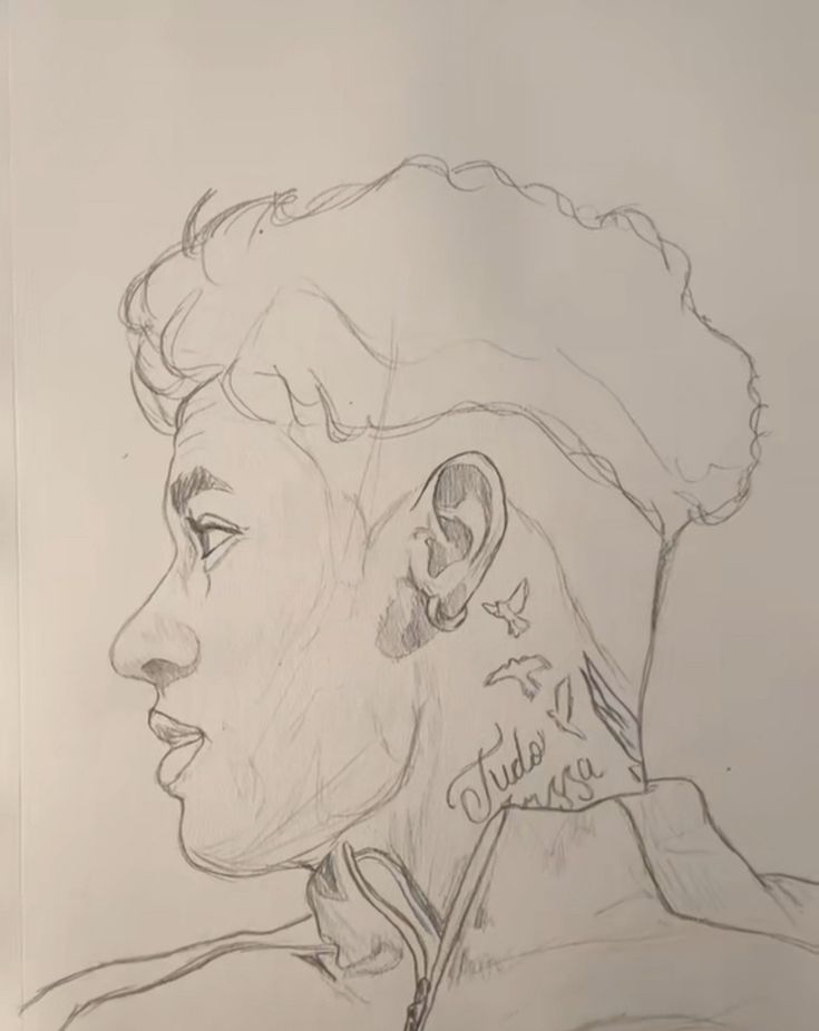 a drawing of a woman's face with ear piercings on her ears and neck