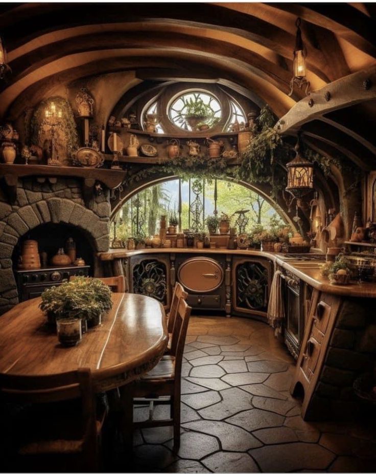 an image of a kitchen in the middle of a house that is built into the ground