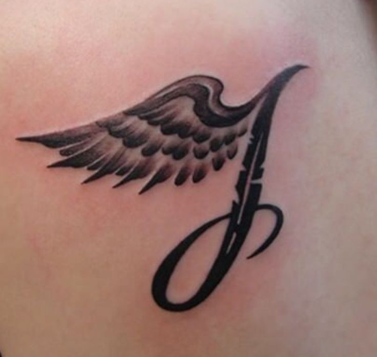 a tattoo with an angel wing and scissors on the back of someone's shoulder