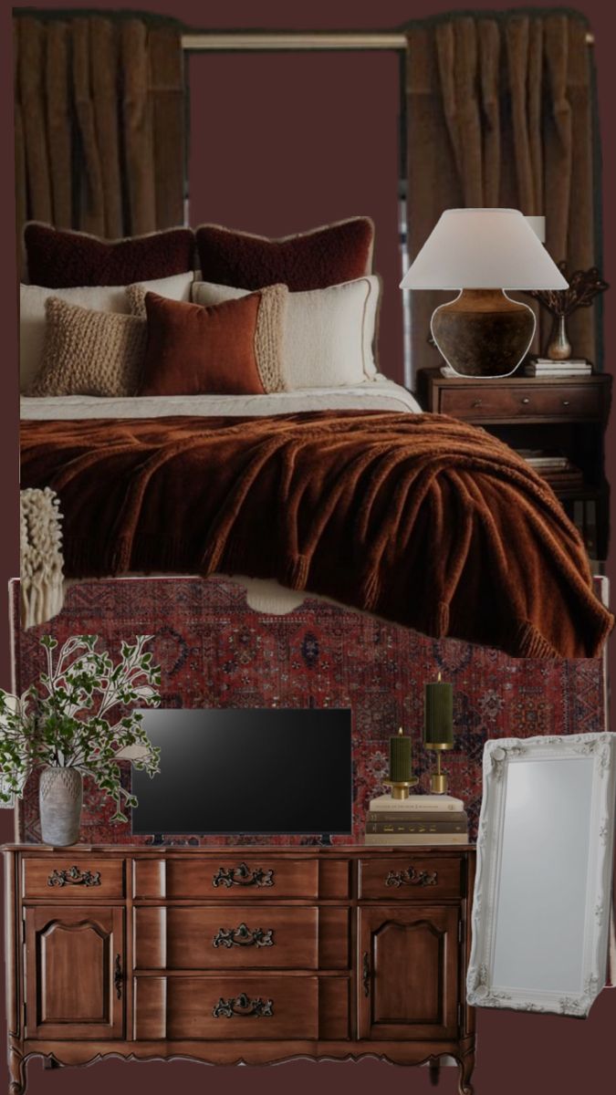 Dark and moody bedroom style in a red wine concept colour blocking Burgundy Room, Cherry Bedroom, Dark And Moody Bedroom, Home Office/guest Room, Red Bedroom, Moody Bedroom, Dark And Moody, Master Room, Italian Home