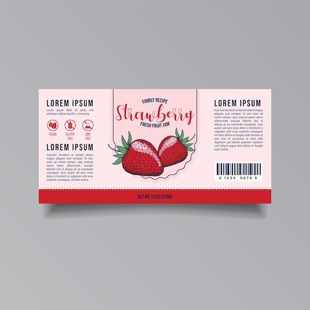 a red and white ticket with strawberries on the front, sitting on a gray background