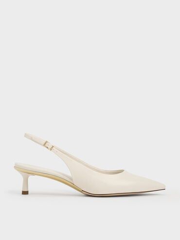 Chalk Pointed-Toe Slingback Pumps | CHARLES & KEITH Slingback Heels Outfit, Wedding Dress And Shoes, Kitten Heels Wedding, Ivory Heels, Pointy Shoes, Elegante Y Chic, Look Classy, Heels Outfits, White Kittens