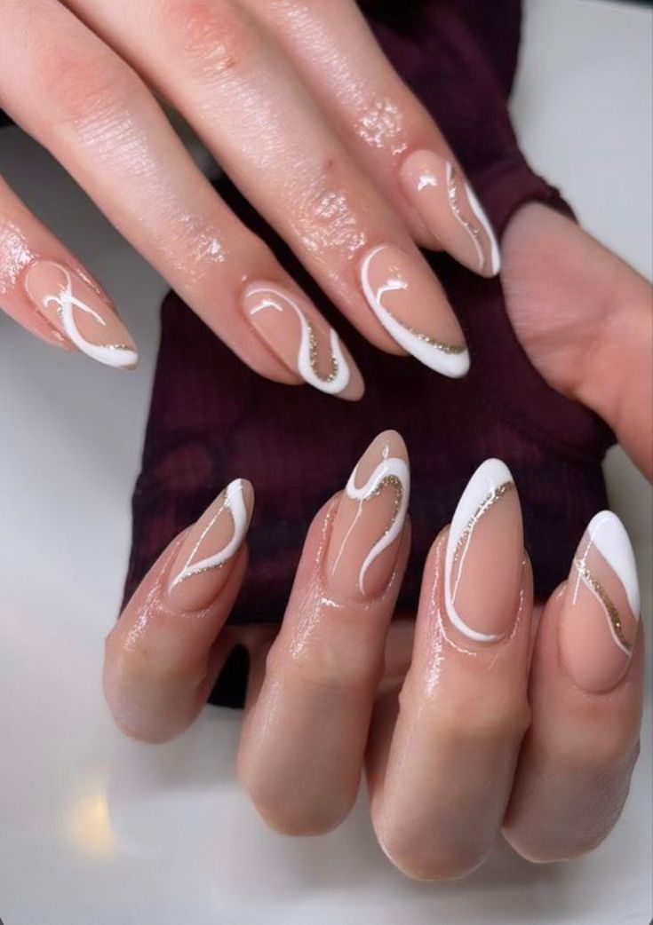 Graduation Nails Oval, White Swirl Almond Nails, Nail Designs For Graduation, White Swirl Nails, Oval Nail Art, Ivory Nails, Simple Nail Design, Line Nail Designs, Oval Acrylic Nails