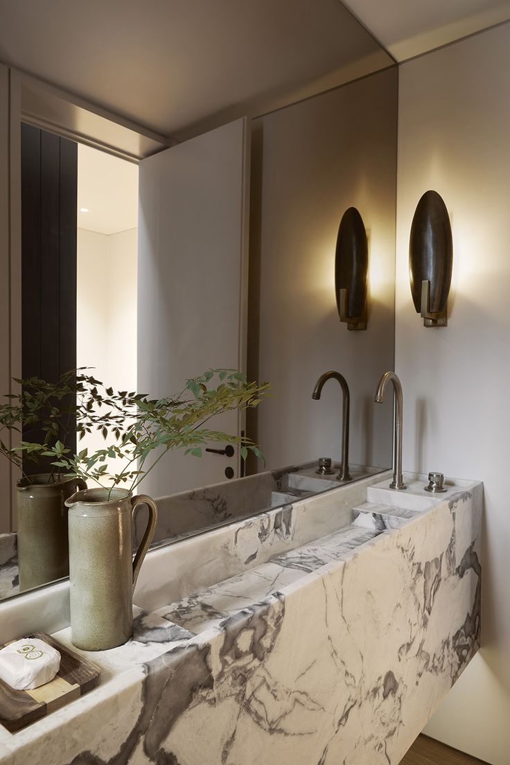 a bathroom with marble counter tops and two sinks in front of the mirror, along with a potted plant