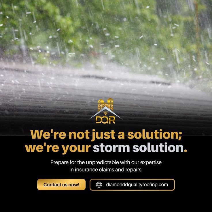 an advertisement with rain coming from the roof and trees in the background, that reads we're not just a solution, we're your storm solution