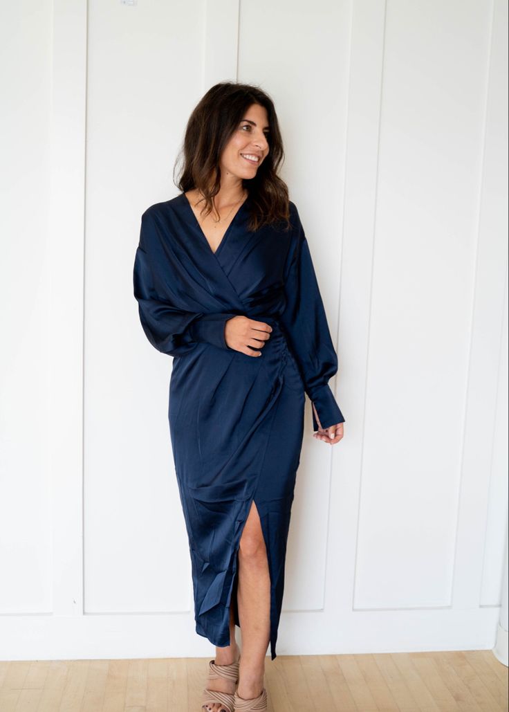 a simple yet sophisticated dress, the sadyra wrap dress features a flattering v-shaped neckline, accented by ruching + pleating. add jewelry, heels + a clutch for a evening out! Wrap Sweater Dress, Sophisticated Dress, Navy Women, Modern Boho, Blue Sweaters, Pleated Dress, Wedding Attire, V Shape, Simple Style