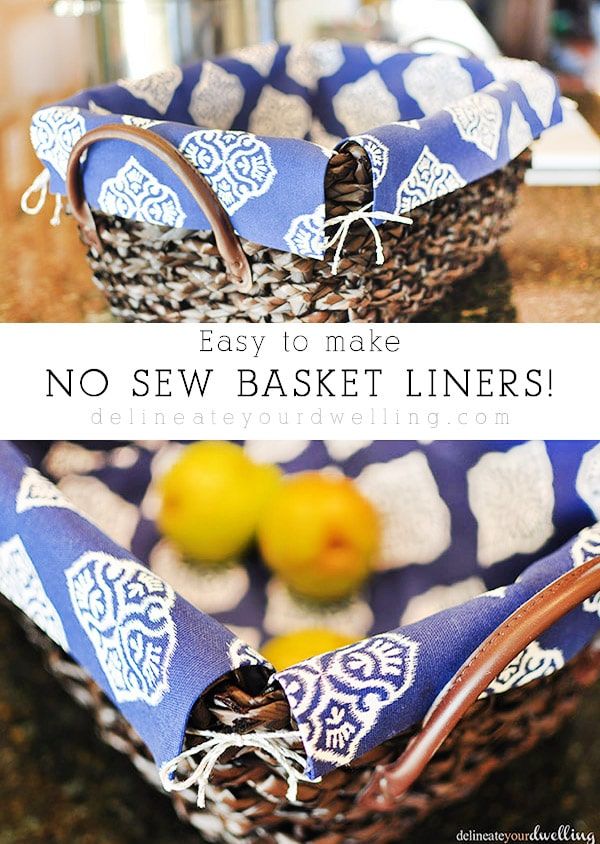 two baskets sitting on top of a counter with the words easy to make no sew basket liners