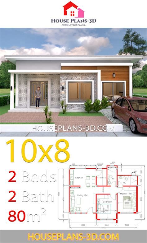 two story house plan with 3 bedroom and 2 bathrooms in the front, one car parked on