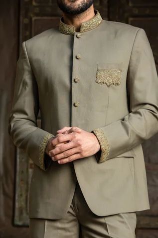 Shop for Nitika Gujral Green Light Weight Woollen Suiting Zardozi Embroidered Bandhgala Set for Men Online at Aza Fashions Elegant Nehru Jacket With Gota Work For Festive Occasions, Ceremonial Bandhgala With Gota Work For Diwali, Wedding Eid Nehru Jacket With Gota Work, Elegant Bandhgala With Gota Work, Designer Long Sleeve Sherwani For Formal Occasions, Wedding Nehru Jacket With Gota Work For Eid, Designer Bandhgala With Gota Work For Wedding, Elegant Nehru Jacket With Gota Work For Formal Events, Designer Long Sleeve Kurta For Formal Occasions