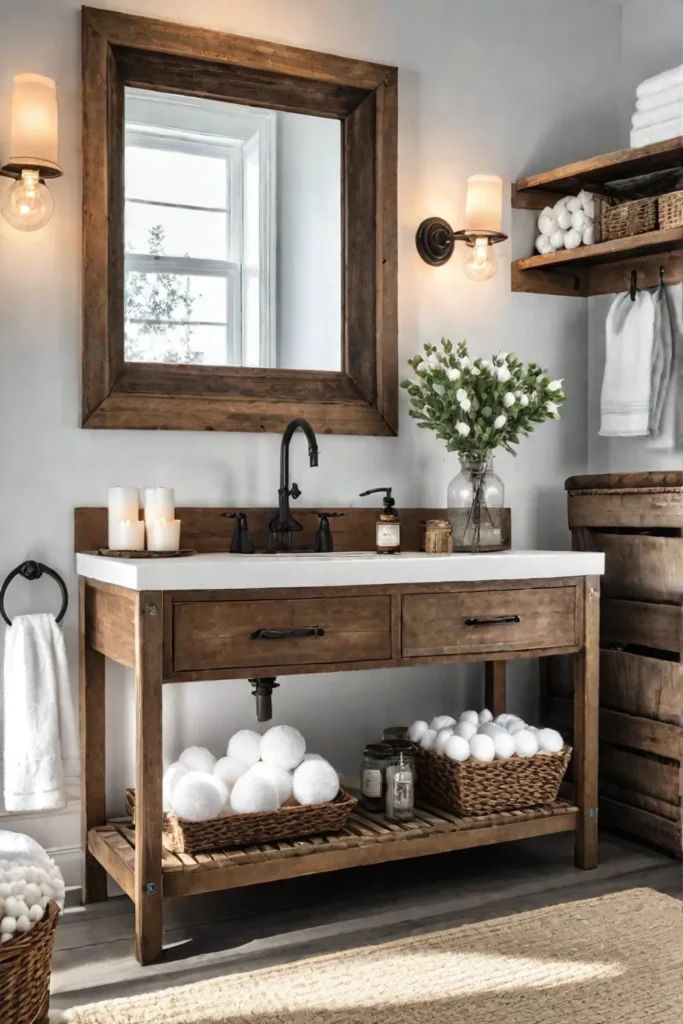 a bathroom with a sink, mirror and wooden shelves in it's center area