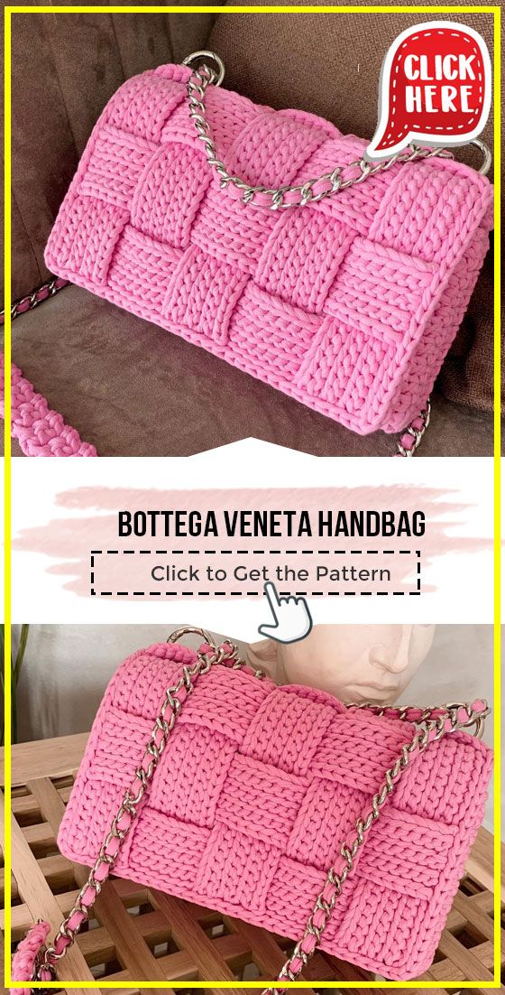 a crocheted pink purse sitting on top of a wooden table