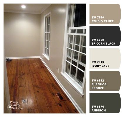 an empty room with wood flooring and white trim on the walls is shown in three different colors