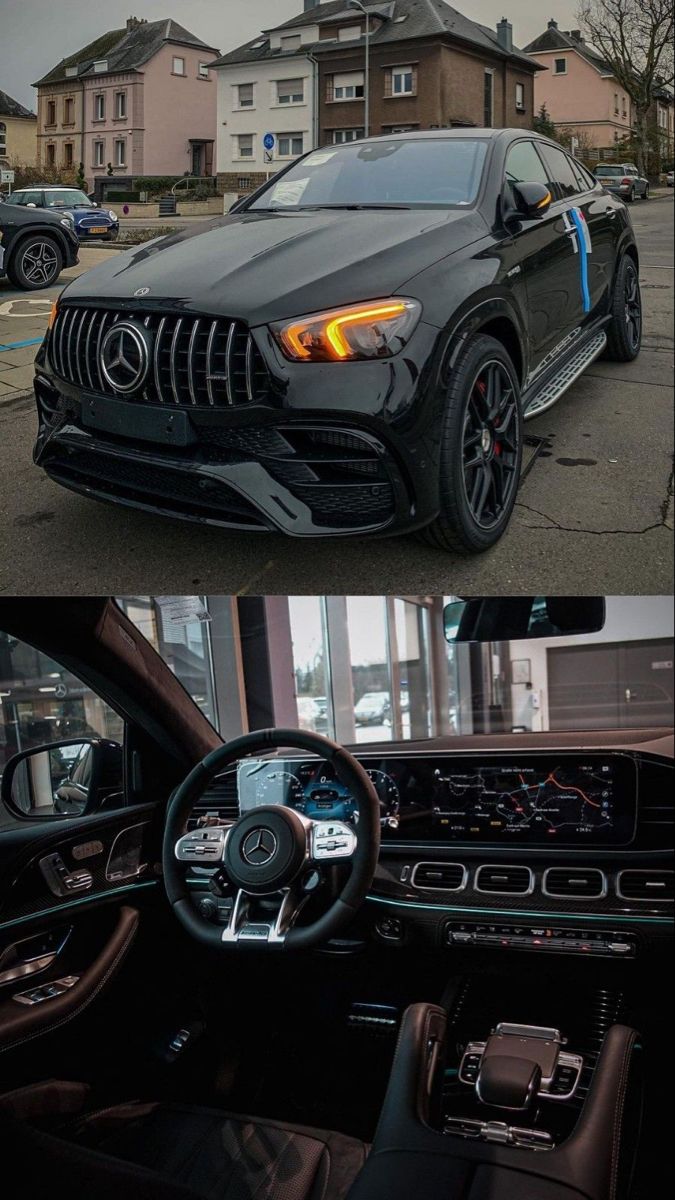 the inside and outside view of a mercedes benz suv in two different pictures, one is black