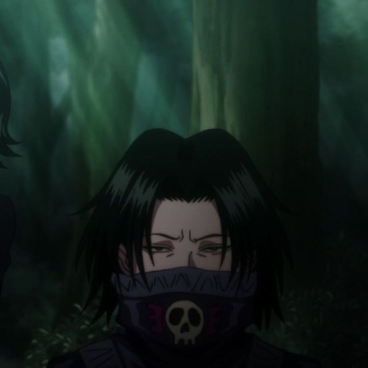 two anime characters standing in the woods with their faces covered by black hair and masks