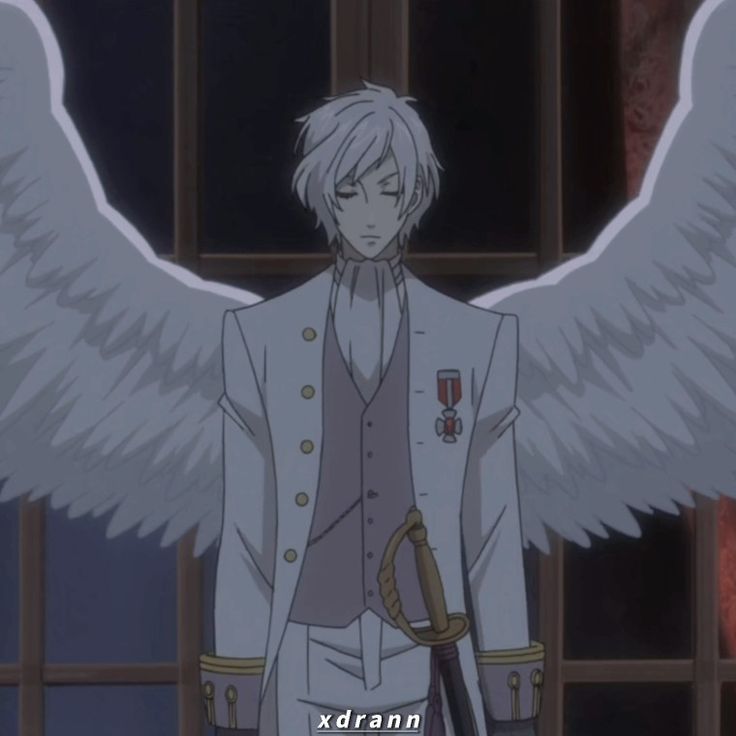 an anime character with large white wings standing in front of a window