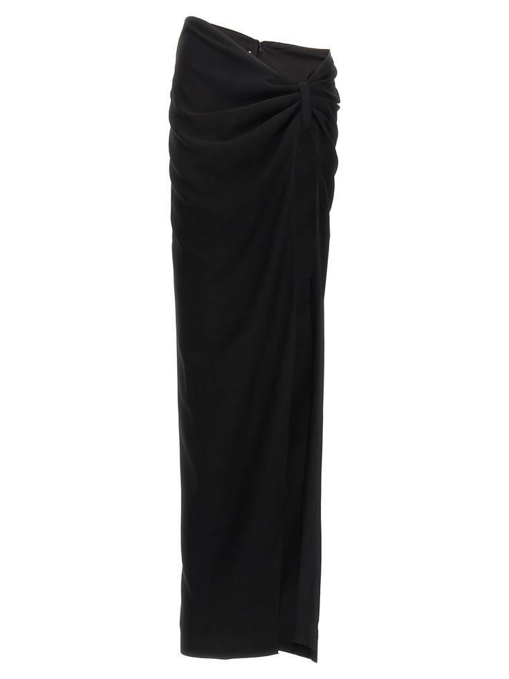 'Torpedo' long skirt with maxi front split, asymmetric waist, draping detail. Composition: Asymmetrical Ruched Draped Skirt, Elegant Draped Bottoms With Ruched Sides, Ruched Maxi Skirt For Formal Occasions, Pre-draped Asymmetrical Skirt For Evening, Elegant Draped Skirt With Ruched Sides, Elegant Ruched Maxi Skirt For Formal Events, Elegant Ruched Maxi Skirt For Formal Occasions, Formal Ruched Draped Flowy Skirt, Ruched Draped Long Skirt For Formal Occasions