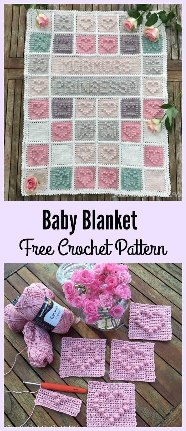 the baby blanket crochet pattern is shown with flowers and yarns on it