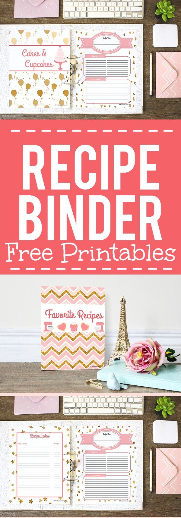 the recipe binder printables are shown with pink and gold accents