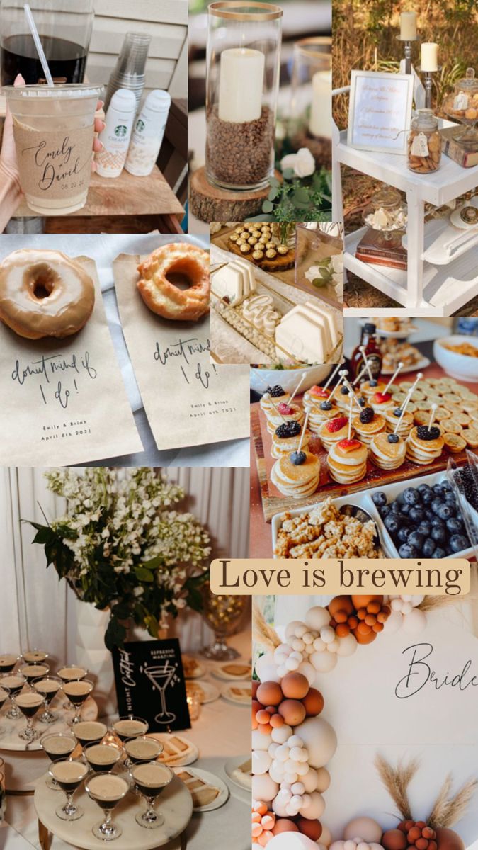 a collage of photos with different types of food and drinks on it, including donuts