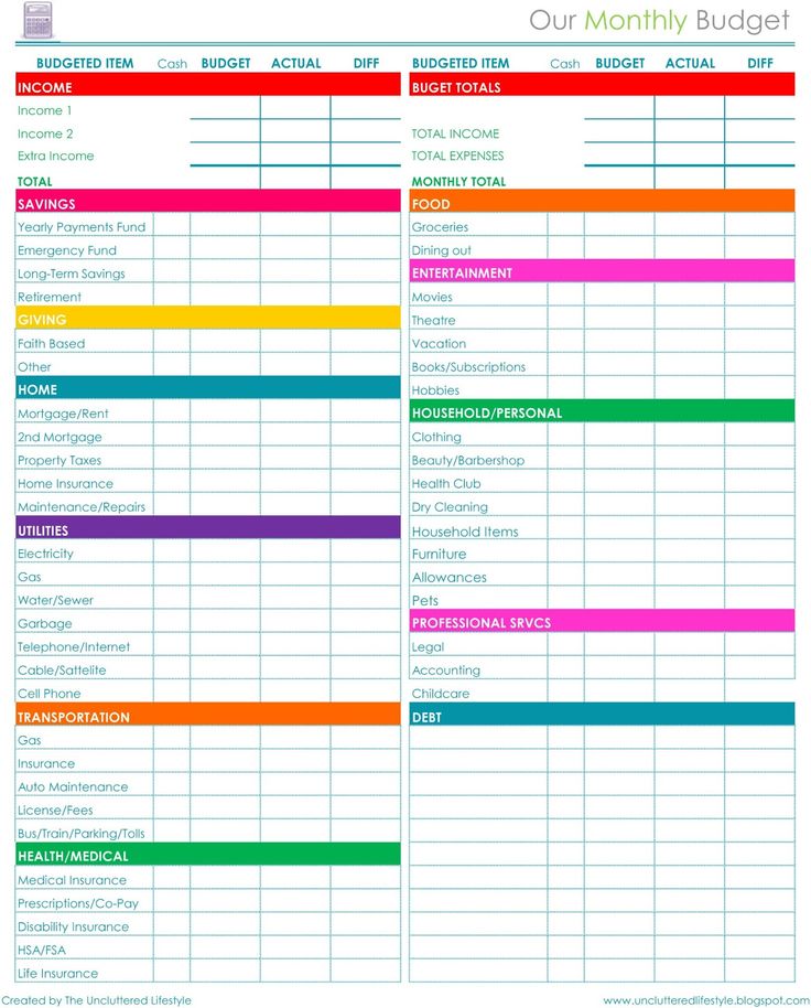 a printable budget sheet with colorful lines