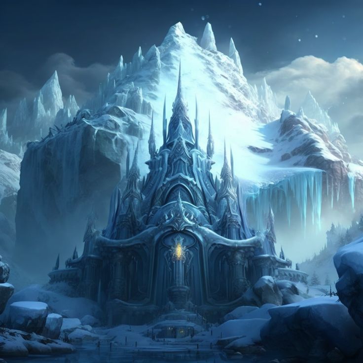 an ice castle in the middle of a snowy mountain