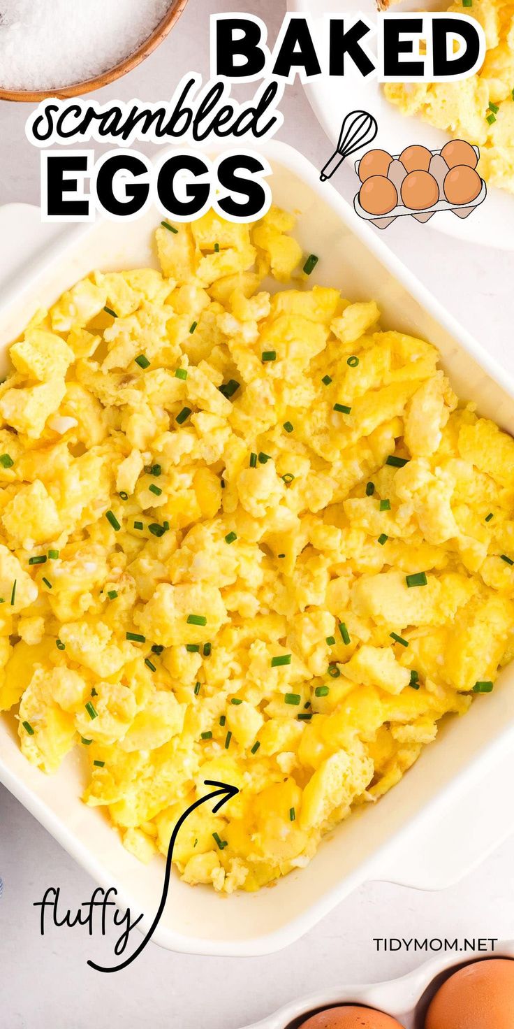 an image of scrambled eggs in a white dish with the words scrambled eggs above it