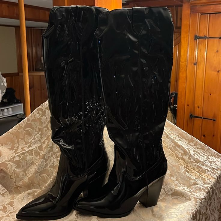 Beautiful Patent Cowboy Boots Nwot Western Black Knee-high Boots For Fall, Black Western Knee-high Boots For Fall, Western Black Knee-high Boots For Spring, Black Western Knee-high Boots Medium Width, Western Style Black Knee-high Boots Medium Width, Black Western Style Knee-high Boots Medium Width, Western Black High Heel Knee-high Boots, Casual Black Pointed Toe Knee-high Boots, Casual Black Knee-high Boots With Pointed Toe