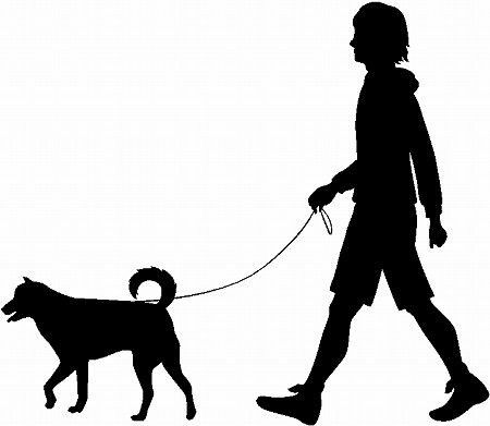 a woman walking her dog on a leash silhouetted against a white background in black