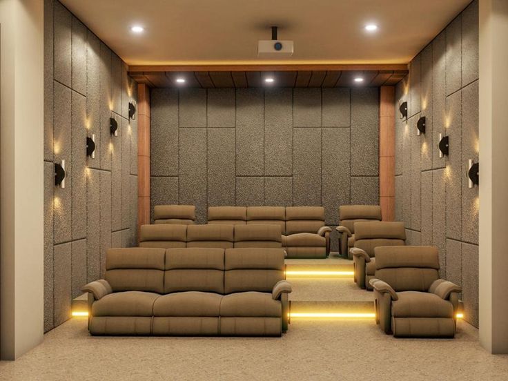 an empty theater with recliners and lights on the side wall in front of it