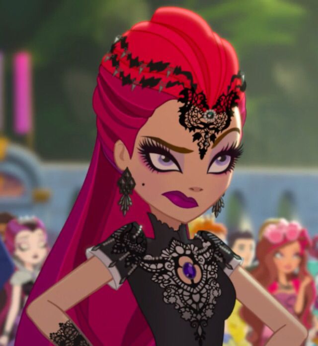 an animated image of a woman with red hair and black dress, standing in front of other people