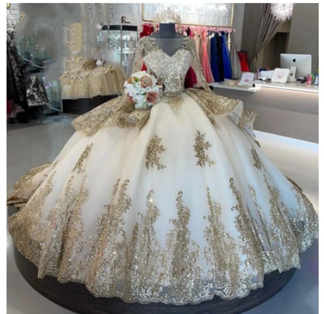 Champagne Quinceanera Dress Formal Birthday Party, Long Sleeve Quinceanera Dresses, Thrift List, Xv Dresses, Quince Themes, Champagne Quinceanera Dresses, Quinceanera Themes Dresses, Quinceañera Dresses, White Quinceanera Dresses