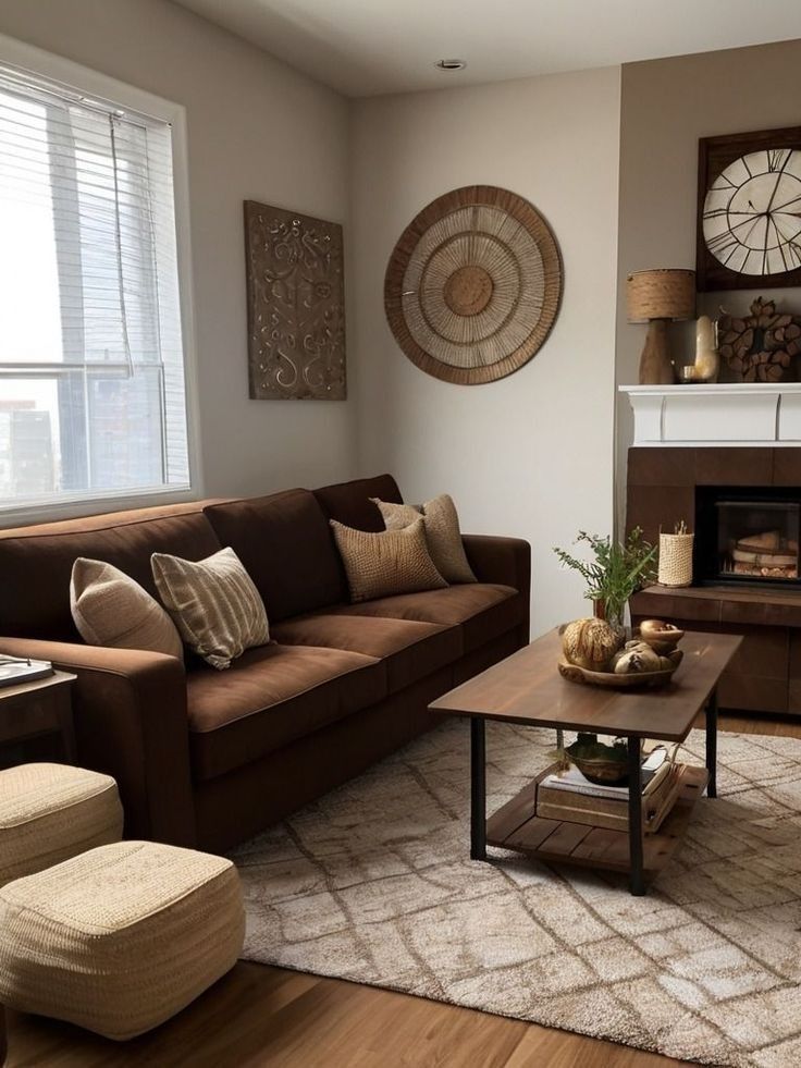 a living room filled with furniture and a large clock on the wall above the fireplace