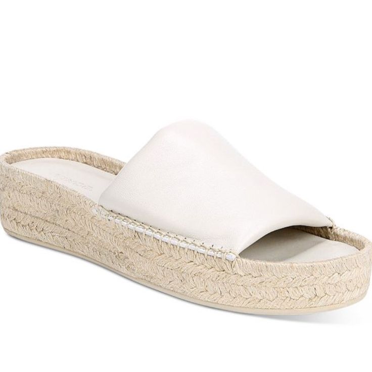 Brand New In Box Designer Slide Leather Sandal With Espadrille Bottom. Super Comfortable And Neutral. Fits True To Size. Color Is Off White. Dust Bag Included White Leather Wedge Sandals With Textured Sole, White Mules With Woven Sole For Summer, White Summer Mules With Woven Sole, White Slides With Leather Sole And Round Toe, White Leather Beach Mules, Cream Leather Open Toe Espadrilles, White Espadrille Sandals With Cushioned Footbed, White Slides With Leather Sole For Summer, White Flat Espadrille Sandals