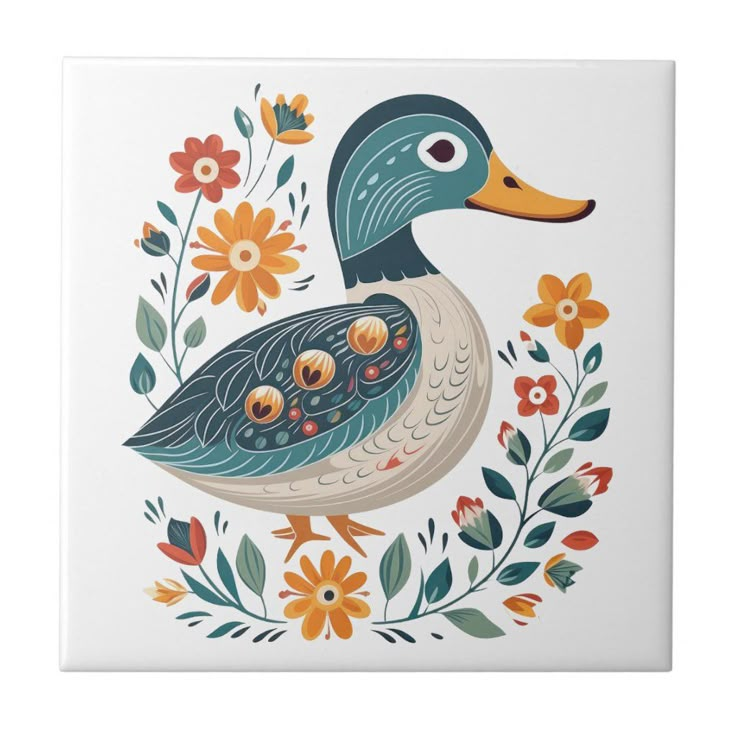 a ceramic tile with an image of a duck in the middle of flowers and leaves