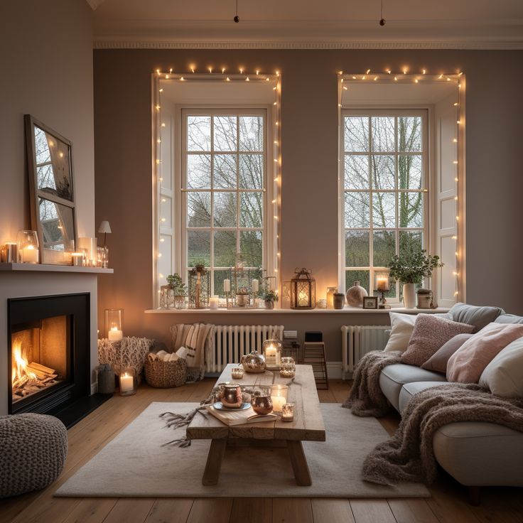 a living room filled with lots of furniture next to two windows covered in christmas lights