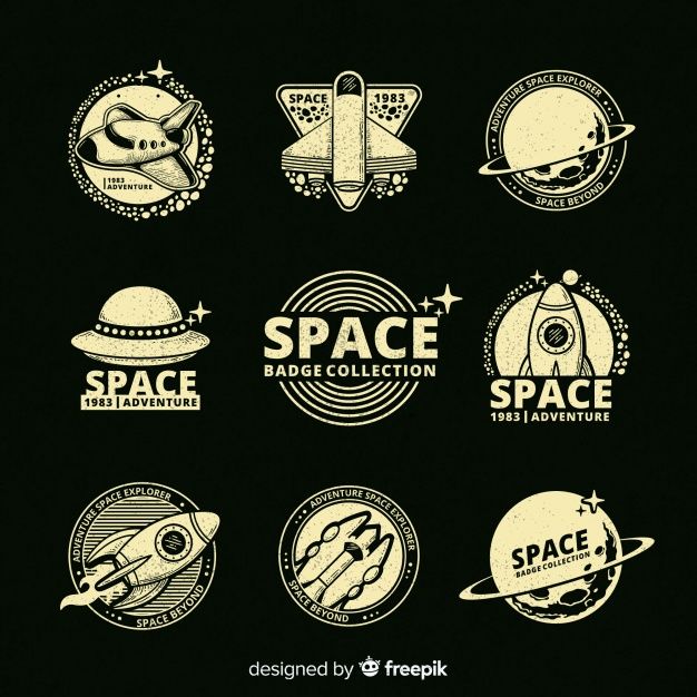 space badges and emblems on black background